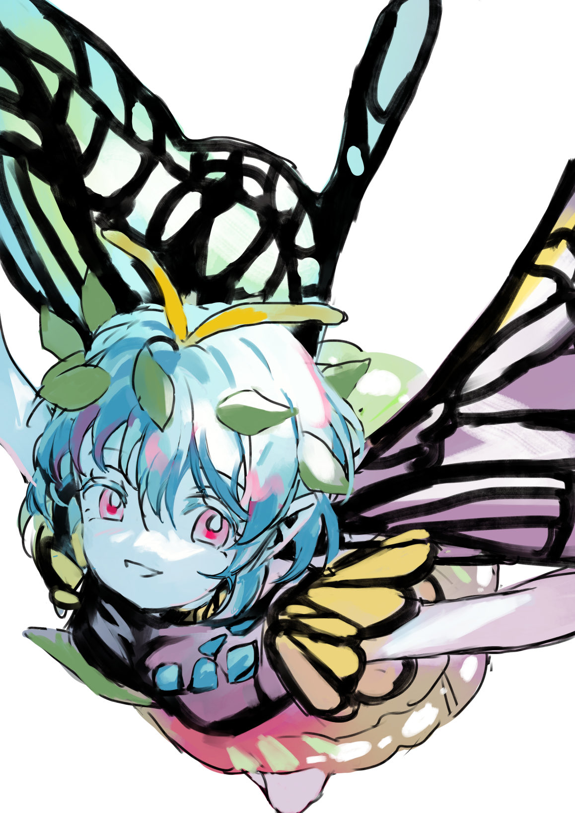 1girl, ama_asagi, antennae, aqua_hair, bad_anatomy, bad_arm, butterfly_wings, dress