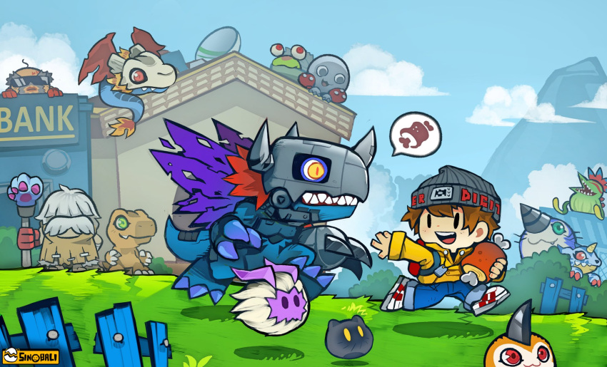 1boy, :d, agumon, airdramon, artist_name, beard, black_headwear, blue_pants