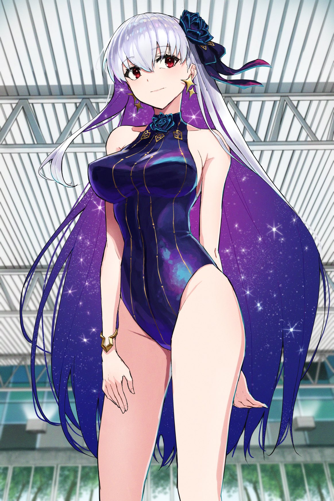 1girl, alternate_costume, armpit_crease, bare_legs, bare_shoulders, blue_bow, blue_hair, bow