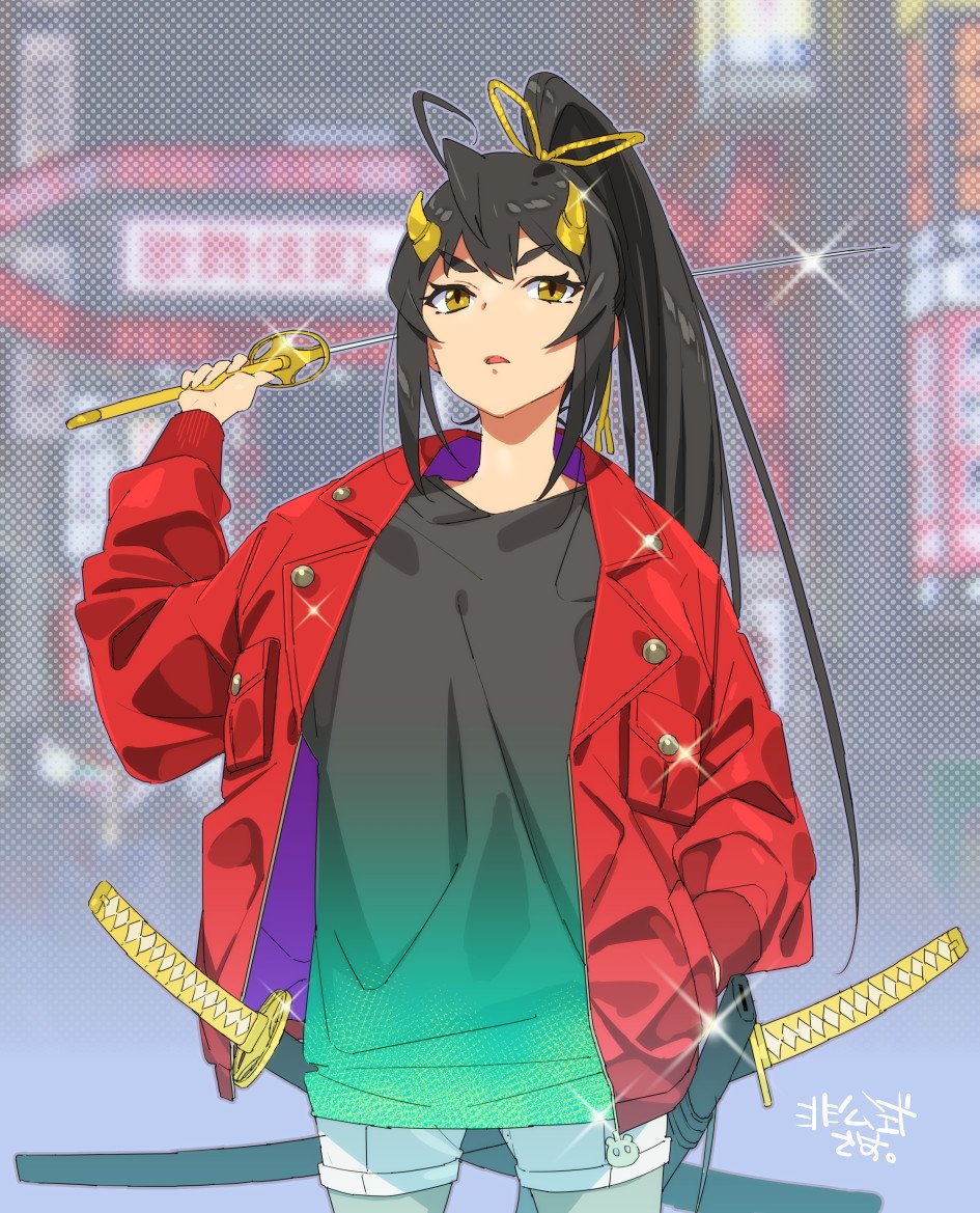 1girl, black_hair, black_shirt, blurry, blurry_background, bow, cowboy_shot, glint, gradient_shirt, hair_ribbon, hand_in_pocket, high_ponytail, holding, holding_sword, holding_weapon, horns, jacket, katana, long_hair, looking_at_viewer, multiple_swords, oni_horns, open_mouth, pants, polka_dot, polka_dot_background, ponytail, purasu_no_konbu, red_jacket, ribbon, sheath, shirt, shorts, sidelocks, solo, sparkle, suzuka_(housamo), sword, thick_eyebrows, tokyo_afterschool_summoners, weapon, white_pants, yellow_bow, yellow_eyes, yellow_horns