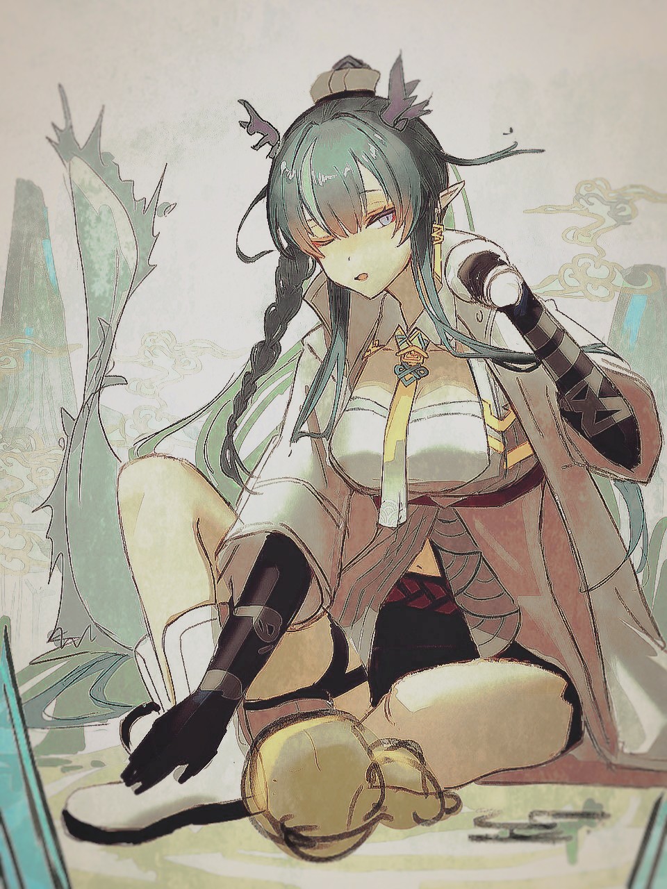 1girl, arknights, black_shorts, blue_eyes, blue_hair, braid, coat, dragon_girl