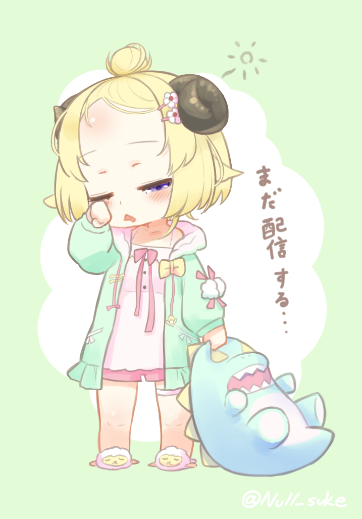 1girl, age_regression, artist_name, blonde_hair, child, collarbone, curled_horns, forehead