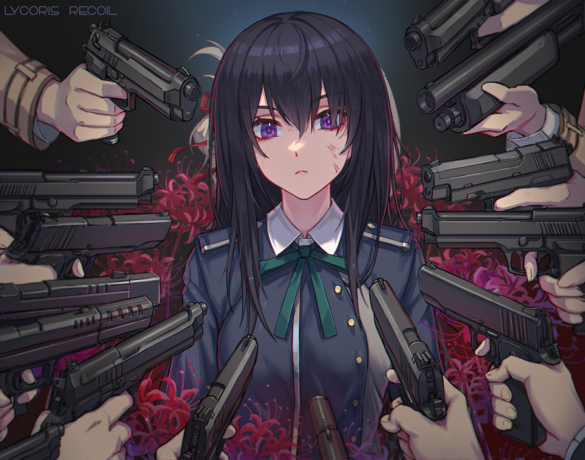 1girl, 6+others, at_gunpoint, bangs, black_hair, blue_dress, closed_mouth, collared_shirt