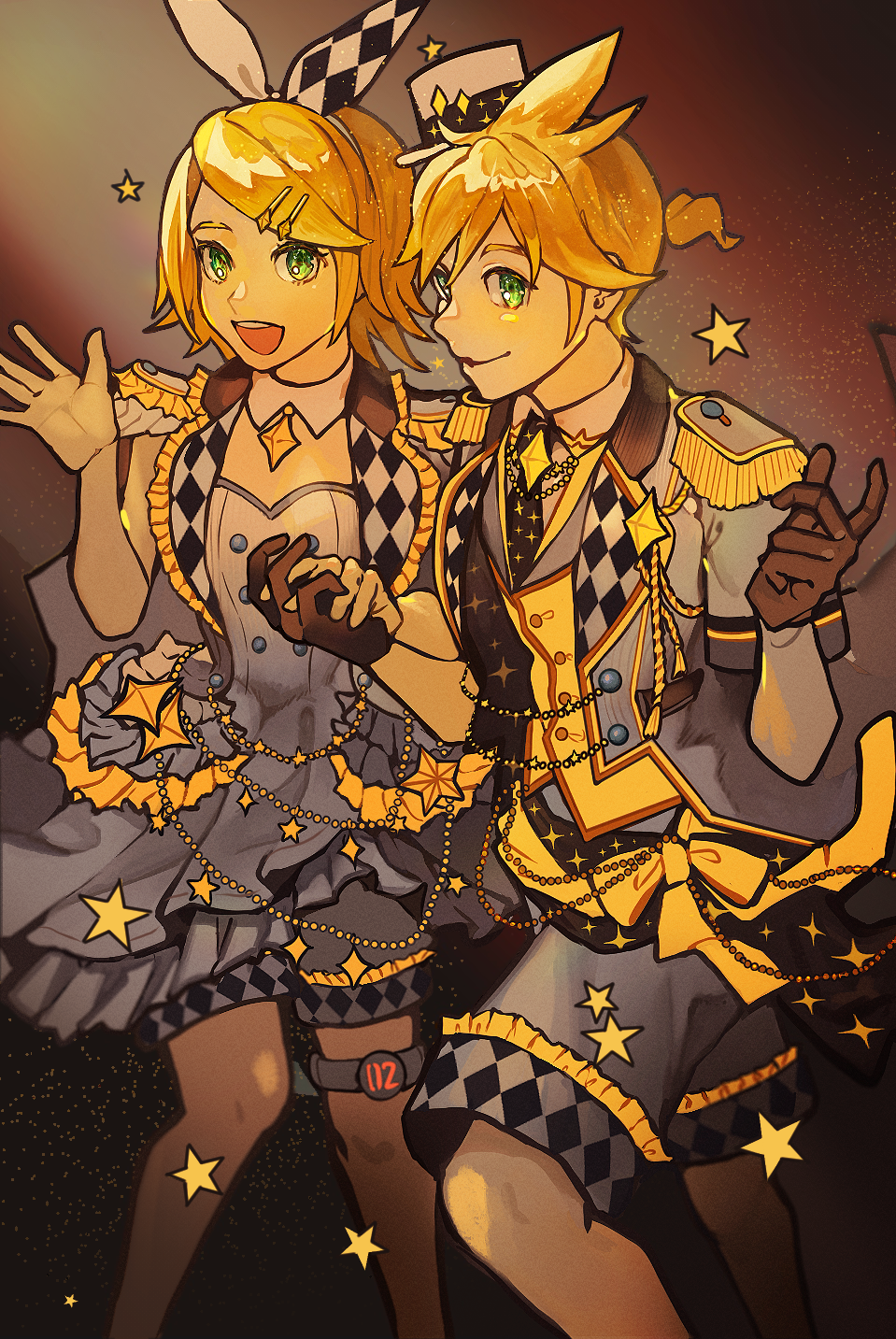 1boy, 1girl, bangs, bare_arms, black_background, black_gloves, blonde_hair, bow