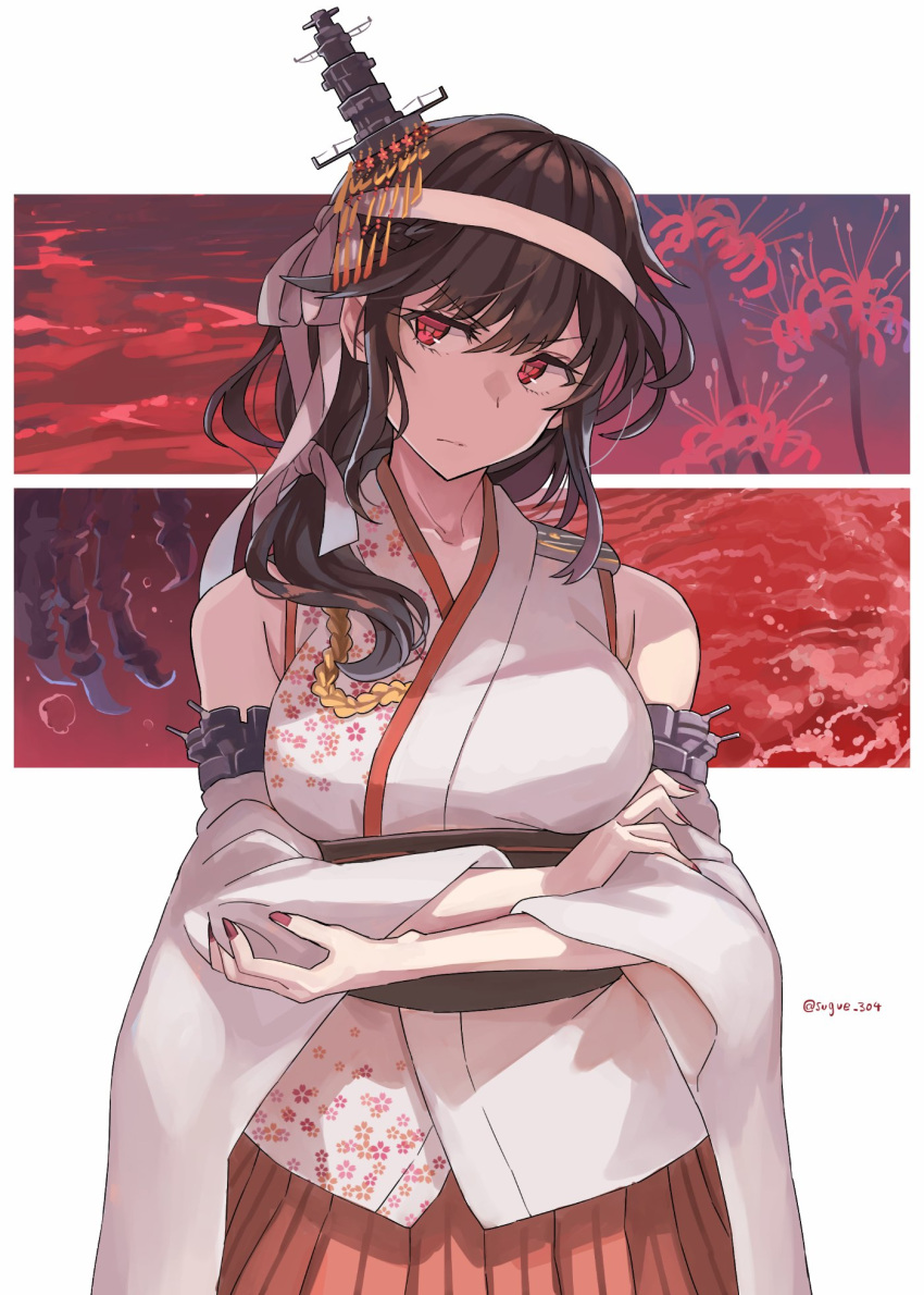 1girl, bare_shoulders, black_hair, breasts, closed_mouth, detached_sleeves, flower, hair_between_eyes