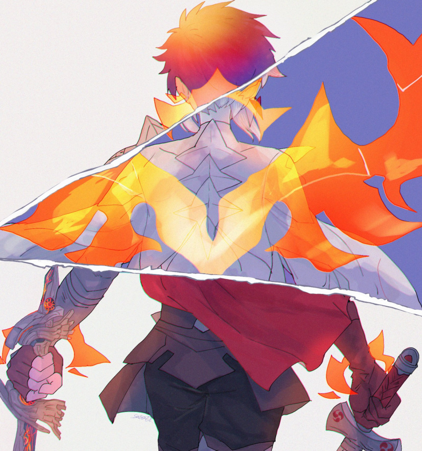 1boy, armor, arval_(fire_emblem), back, cape, closed_mouth, d_kenpis, dual_wielding