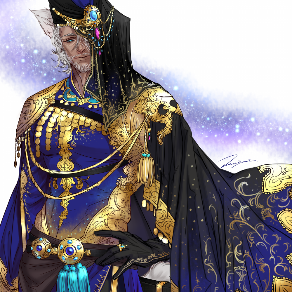 1boy, animal_ears, artist_name, black_gloves, blue_gemstone, dark-skinned_male, dark_skin, gem