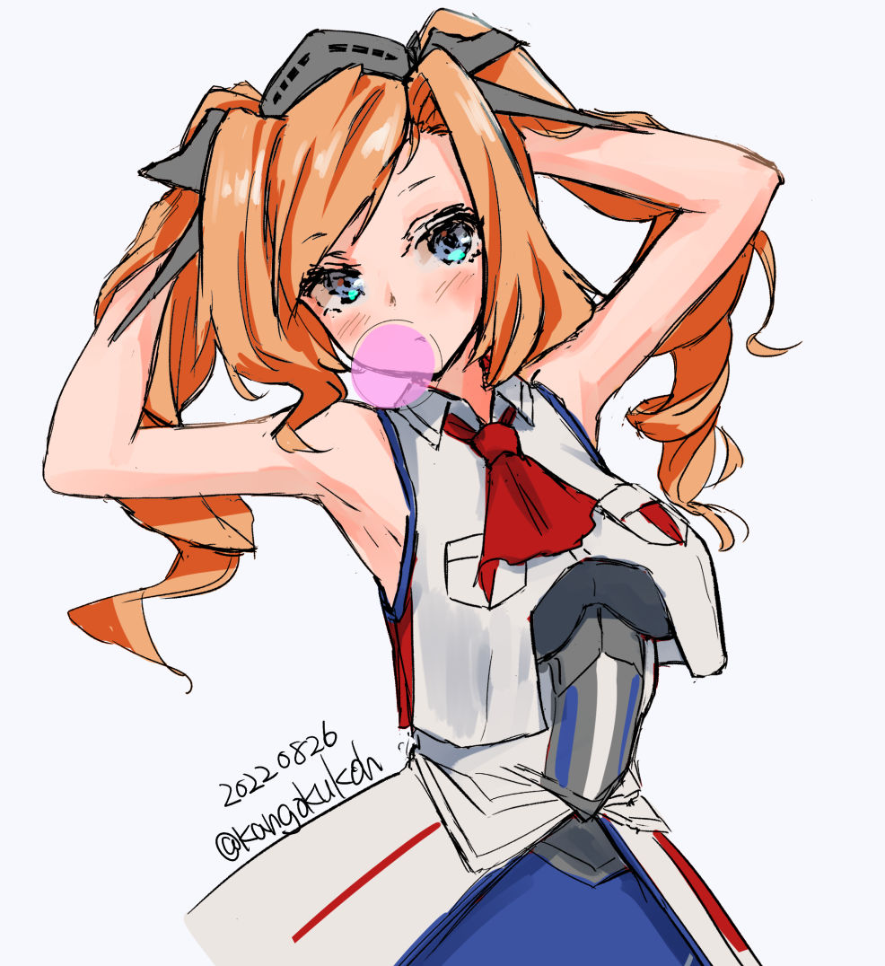 1girl, arms_behind_head, ascot, blonde_hair, blue_dress, blue_eyes, breast_pocket, breasts