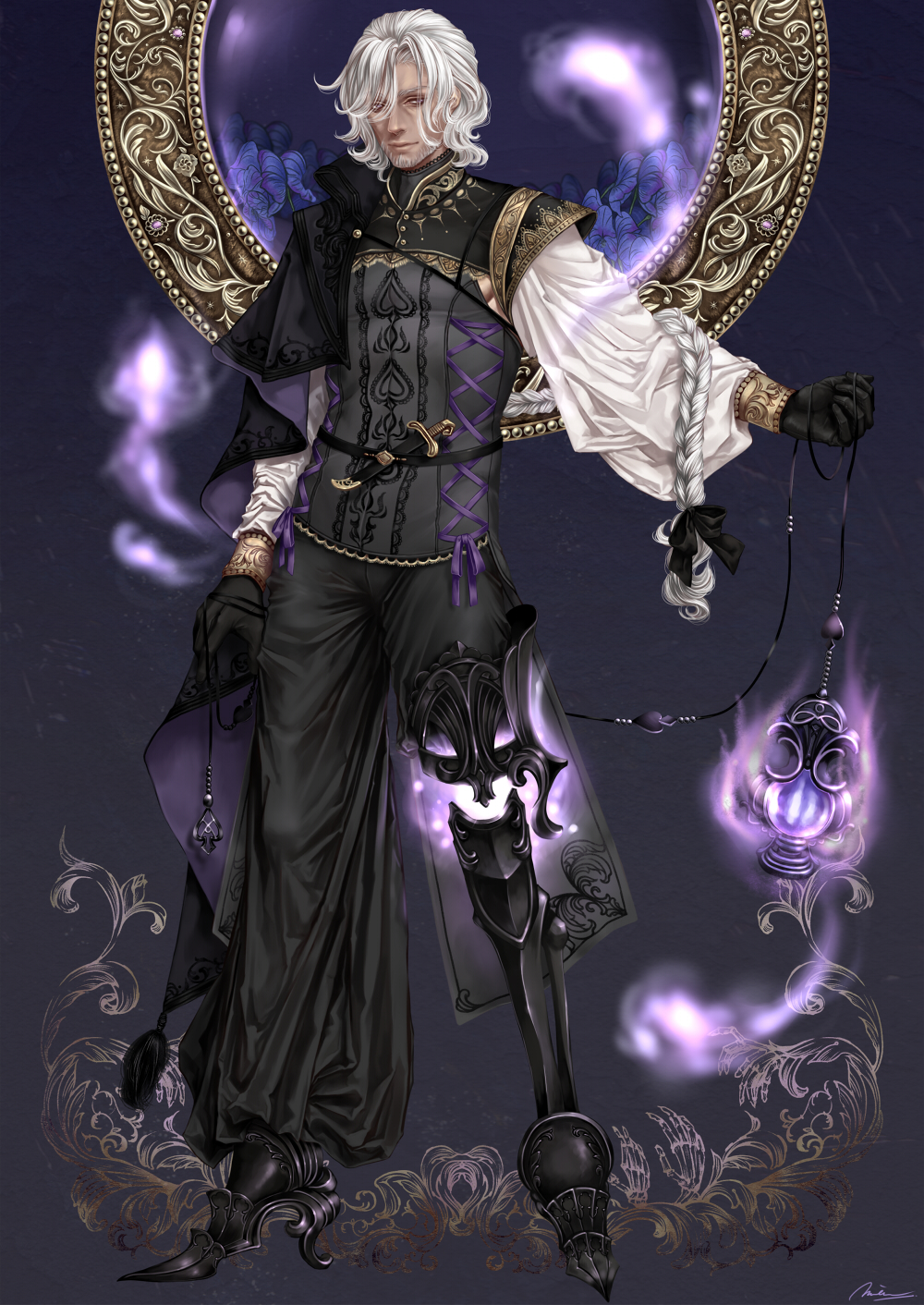 1boy, beard, black_gloves, black_ribbon, braid, censer, facial_hair, full_body