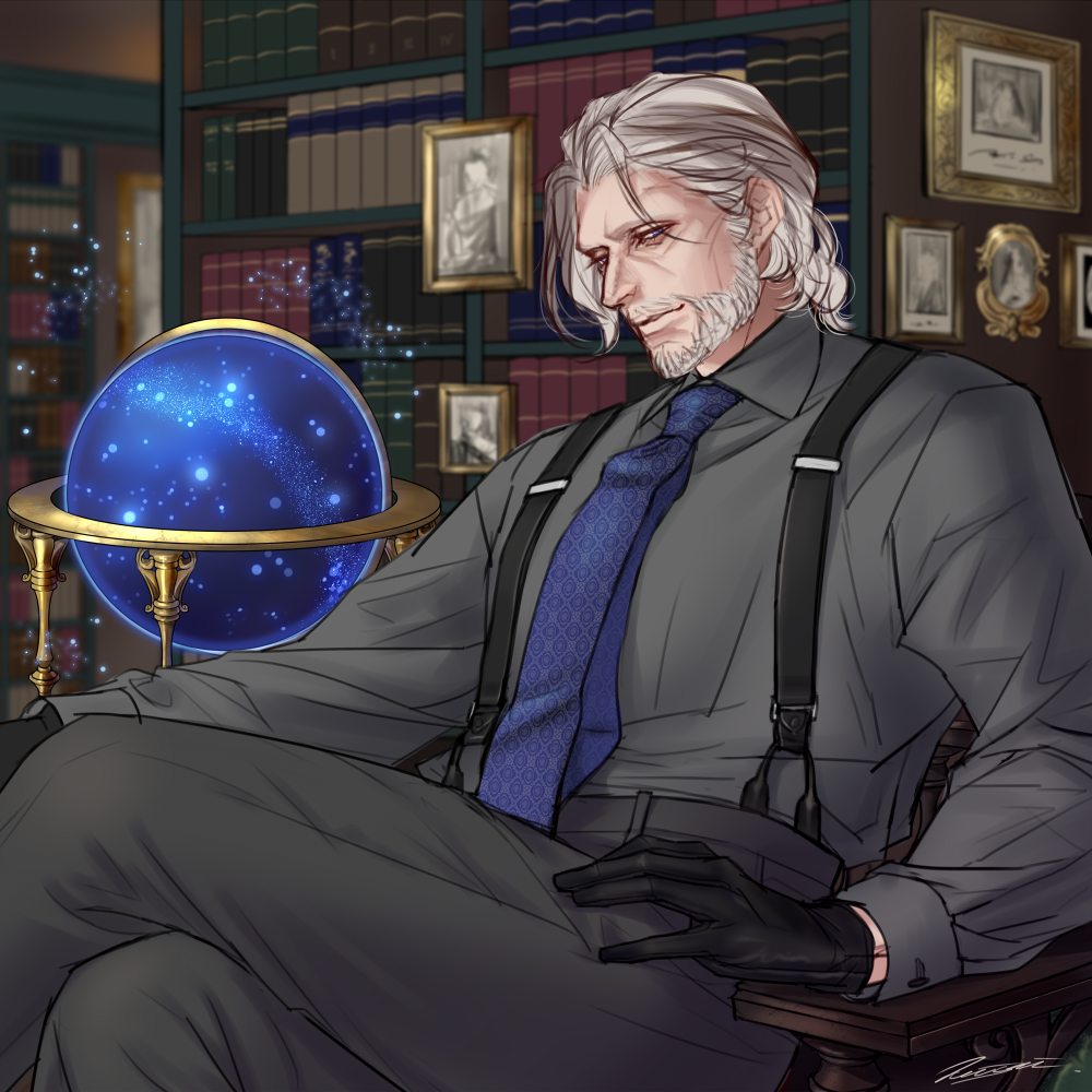 1boy, beard, black_gloves, blue_necktie, book, bookshelf, facial_hair, gloves