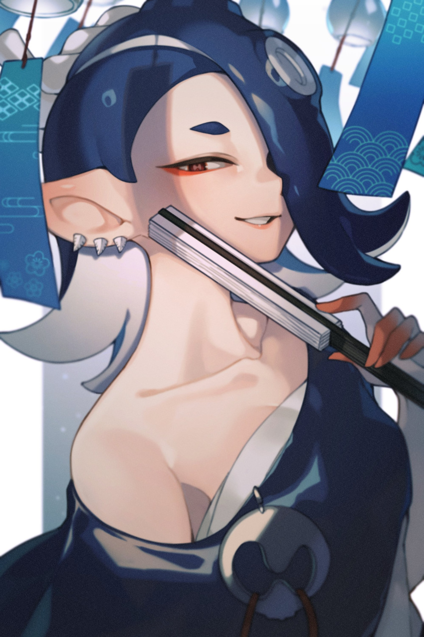 1girl, absurdres, blue_hair, chest_sarashi, earrings, eyeliner, grin, hachimaki