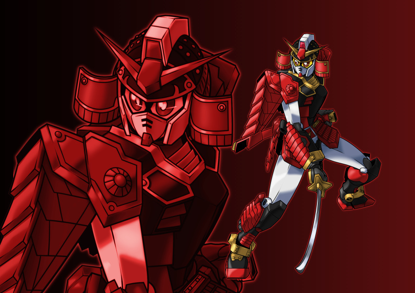 absurdres, full_body, gradient, gradient_background, gundam, highres, holding, holding_sword, holding_weapon, katana, looking_at_viewer, mecha, musha_gundam, red_background, robot, sd_gundam, sd_sengokuden, sword, v-fin, weapon, yellow_eyes, yuuyatails, zoom_layer
