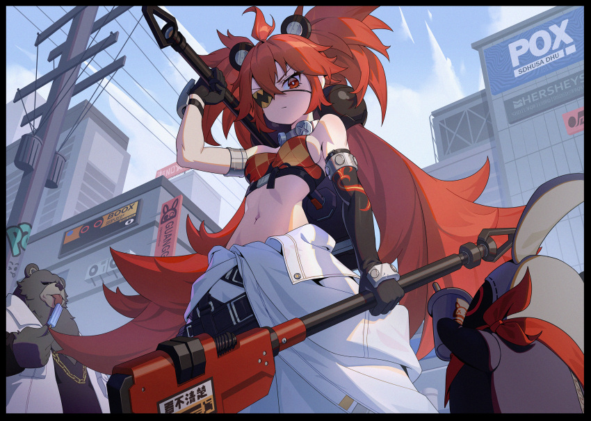 1boy, 1girl, 1other, ahoge, animal_ears, baggy_pants, bare_shoulders, bear, bear_boy, bear_ears, bear_girl, ben_(zenless_zone_zero), blue_sky, breasts, building, city, clouds, crop_top, cup, disposable_cup, dual_wielding, eyepatch, food, furry, furry_male, fysc, gloves, hair_between_eyes, hair_ornament, highres, holding, jacket, jewelry, koleda_belobog, licking, long_hair, low_twintails, messy_hair, navel, necklace, open_clothes, open_jacket, outdoors, pants, popsicle, red_eyes, redhead, single_glove, sky, small_breasts, standing, twintails, weapon, zenless_zone_zero