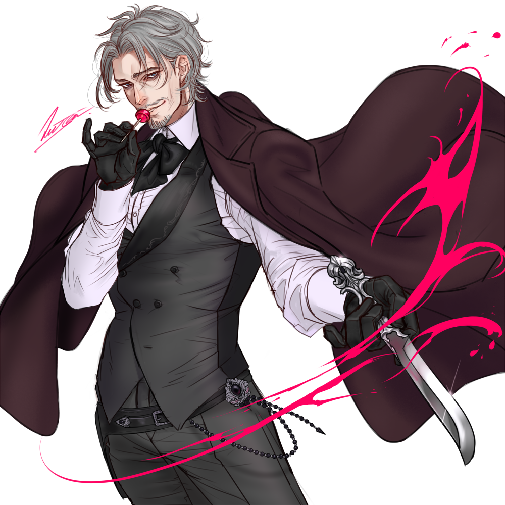 1boy, belt, black_bow, black_bowtie, black_pants, black_vest, blood, blue_eyes