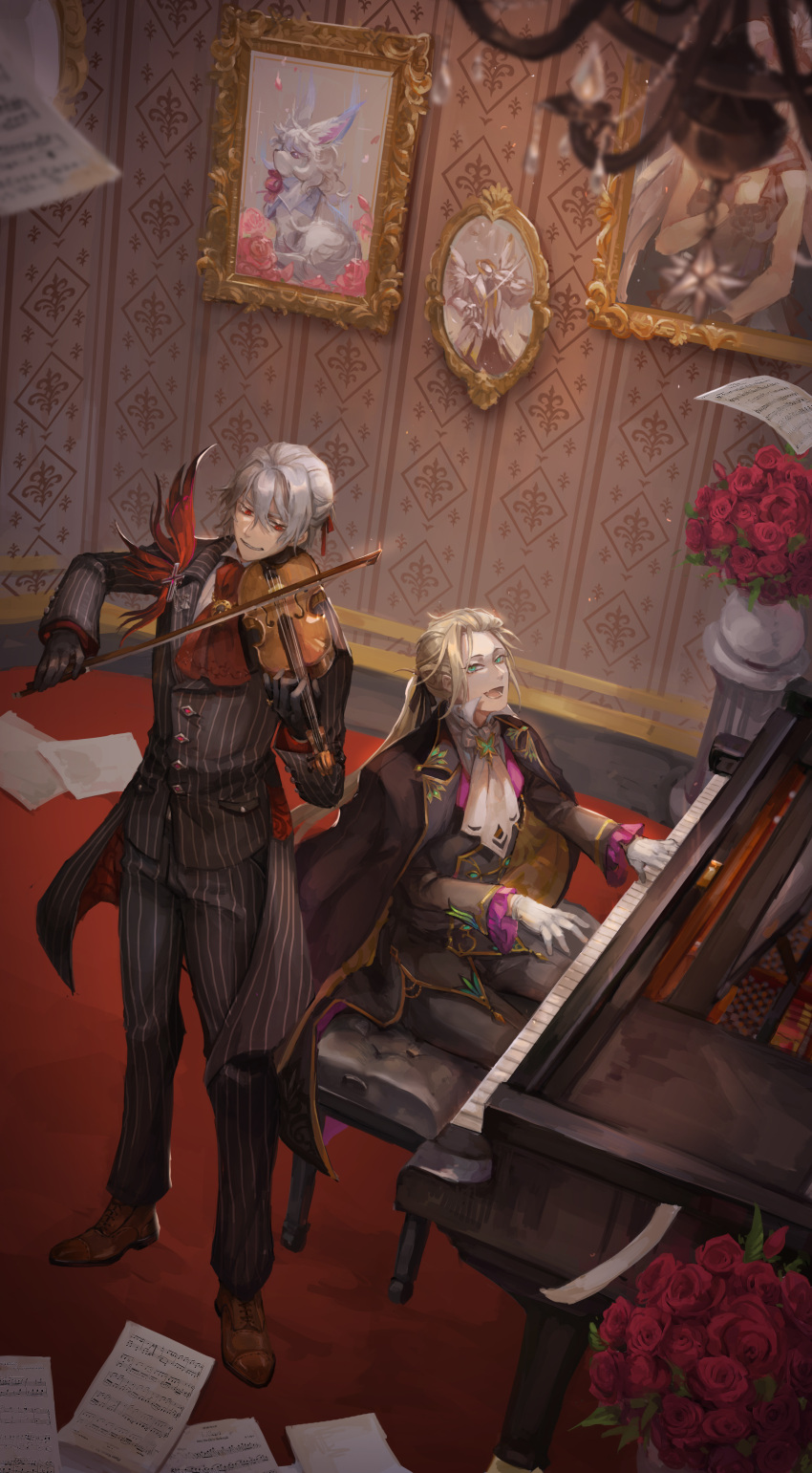 2boys, absurdres, antonio_salieri_(fate), antonio_salieri_(second_ascension)_(fate), ascot, black_gloves, black_ribbon, blonde_hair