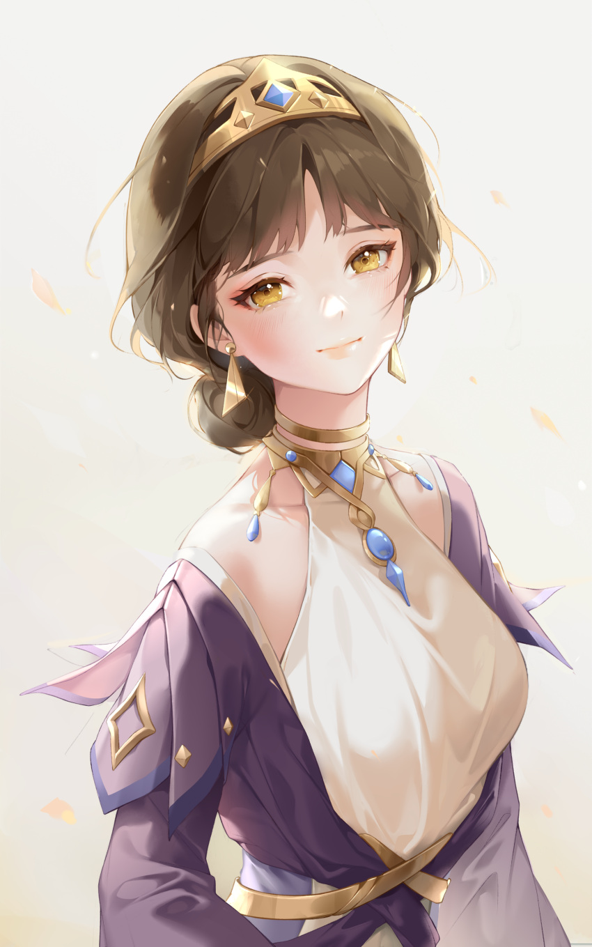 1girl, absurdres, bangs, brown_eyes, brown_hair, closed_mouth, dangle_earrings, dress