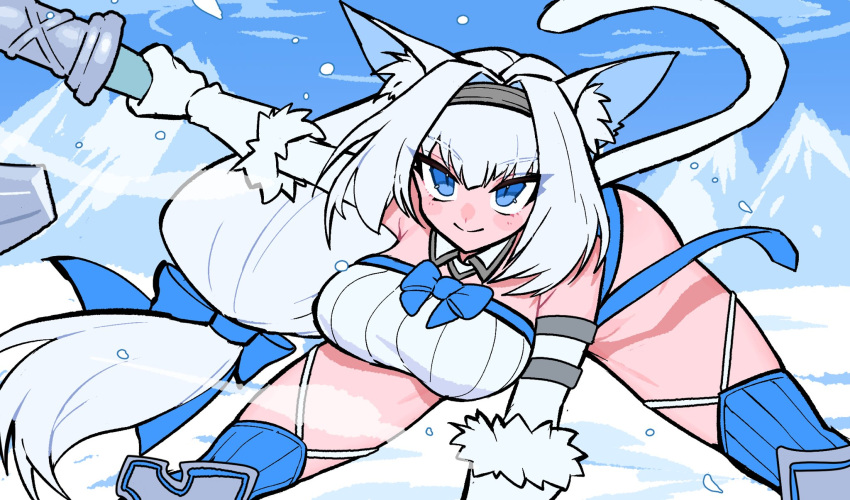 1girl, animal_ears, blue_eyes, breasts, dobrynya_nikitich_(fate), elbow_gloves, fate/grand_order, fate_(series), gloves, hacco_mayu, highres, holding, holding_weapon, large_breasts, leaning_forward, long_hair, low-tied_long_hair, mountainous_horizon, smile, snow, tail, thigh-highs, thighs, war_hammer, weapon, white_hair
