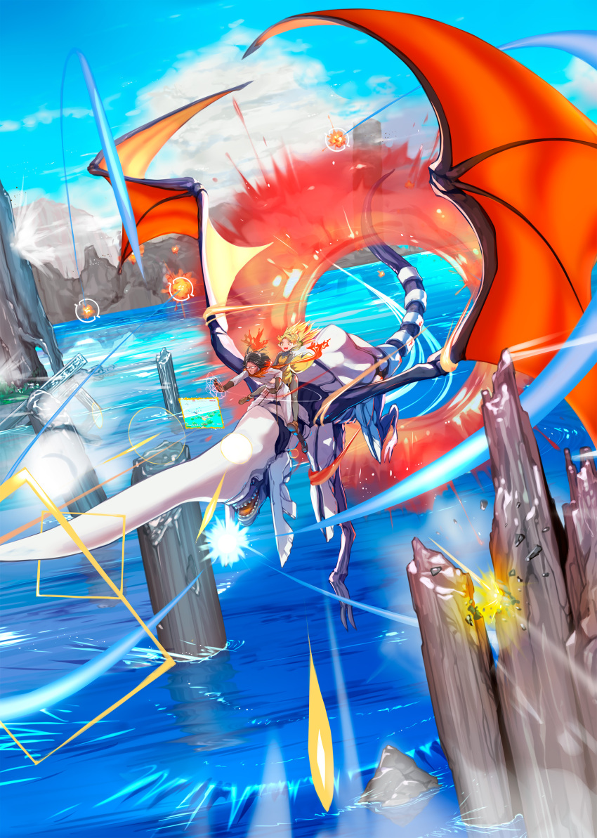 absurdres, black_footwear, black_gloves, black_hair, black_pantyhose, blonde_hair, blue_dragon_(panzer_dragoon), blue_sky