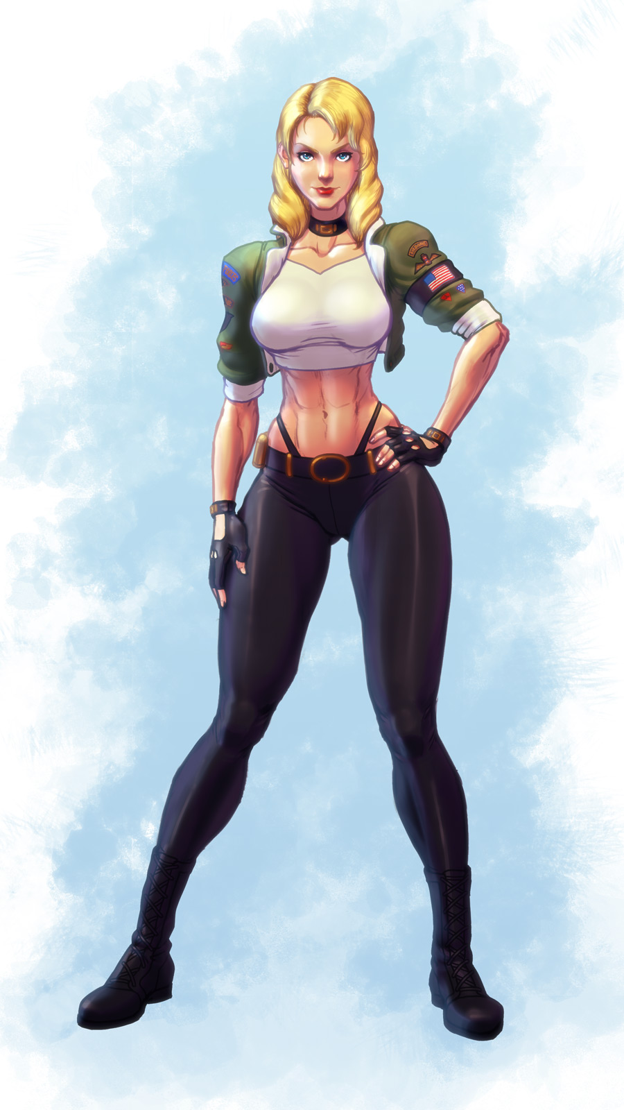 abs, black_pants, blonde_hair, blue_eyes, breasts, choker, crop_top, cropped_jacket