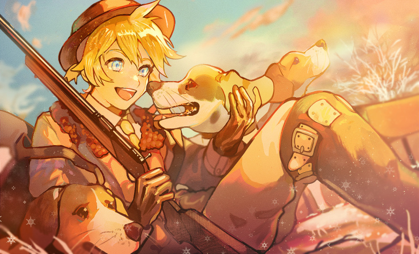 1boy, black_gloves, blonde_hair, blue_eyes, blue_sky, clouds, dog, fur_collar