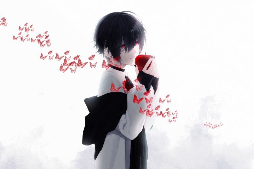 1boy, absurdres, apple, black_hair, bug, butterfly, choker, facing_viewer