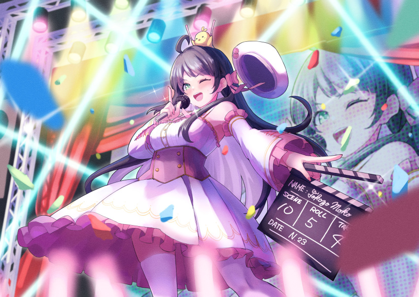 1girl, ahoge, animal_on_head, bird, bird_on_head, black_hair, blush, bow, breasts, clapperboard, confetti, dated, detached_sleeves, dress, glowstick, hair_bow, hat, hat_removed, headwear_removed, highres, holding, holding_microphone, indie_virtual_youtuber, long_hair, medium_breasts, microphone, on_head, one_eye_closed, pink_bow, stage_lights, standing, tokoyo_moko, u_kyoumaru, very_long_hair, virtual_youtuber, white_dress