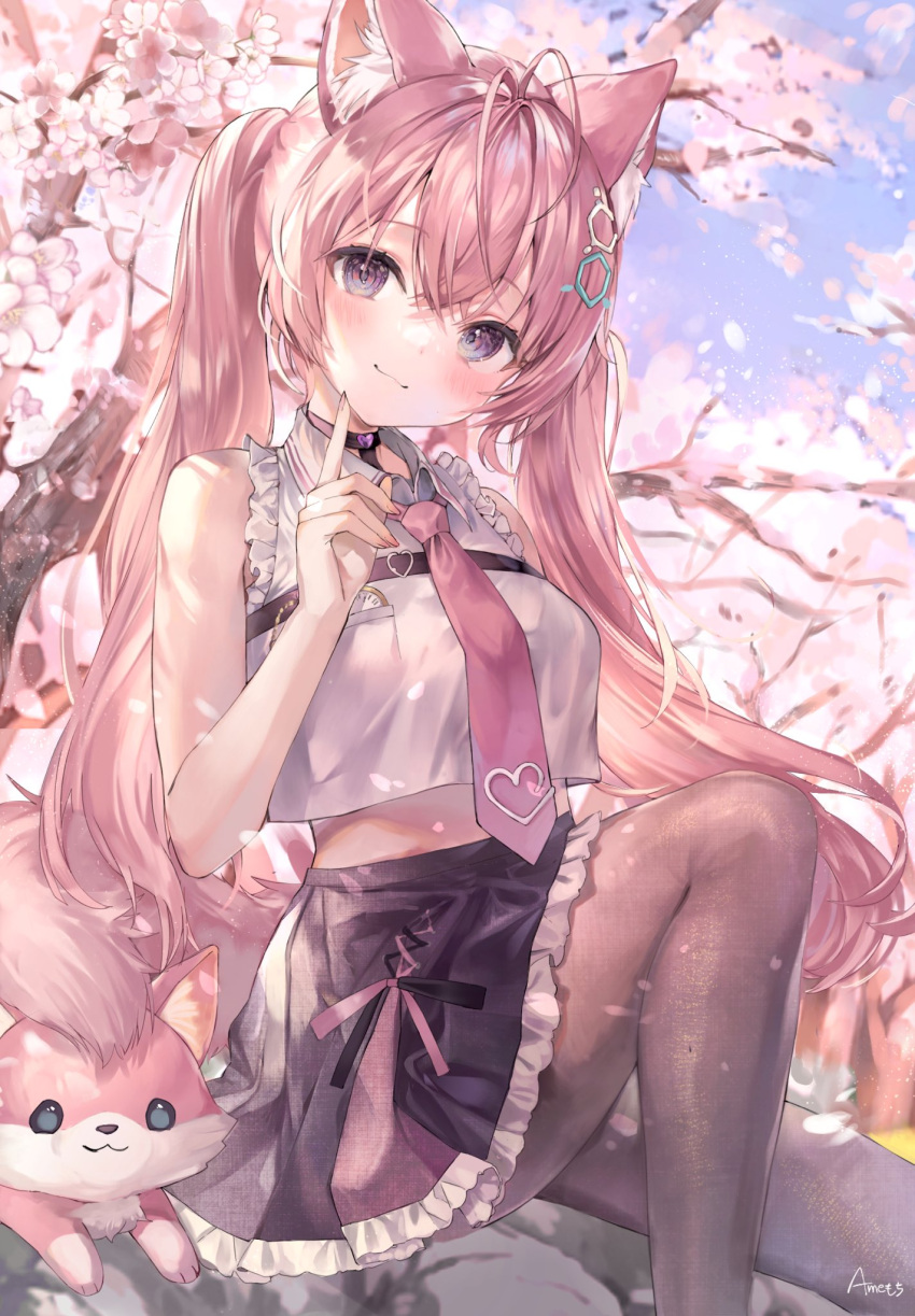 1girl, :3, ahoge, ame929, animal_ears, bangs, bare_arms, black_choker