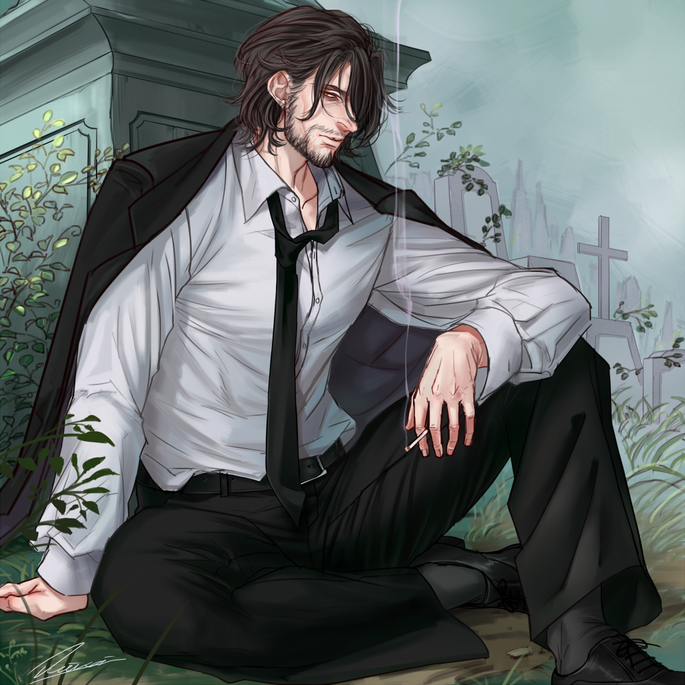 1boy, beard, belt, black_footwear, black_jacket, black_pants, brown_hair, cigarette