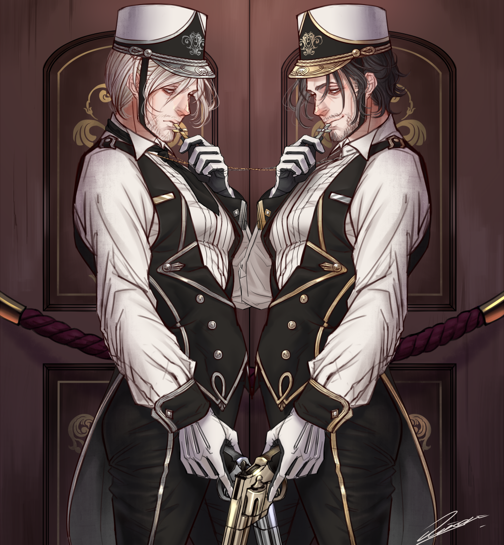 2boys, black_hair, black_pants, door, facial_hair, gloves, gun, hand_up