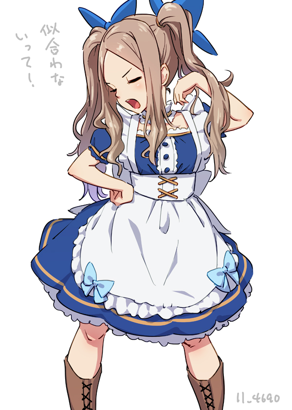 1girl, 4690_(tkpbsk), alternate_costume, apron, asakaze_(kancolle), blonde_hair, blue_dress, blue_ribbon