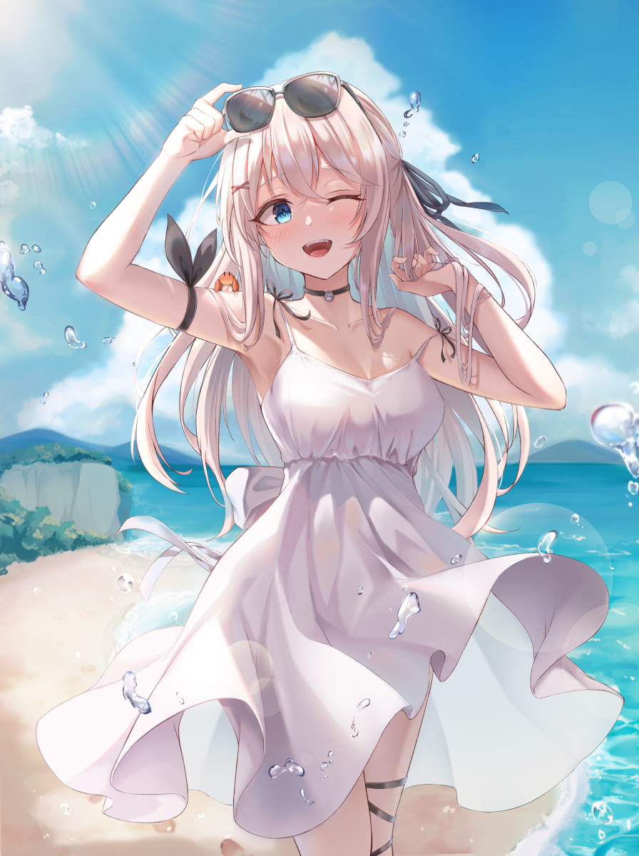 1girl, arm_ribbon, armpits, bangs, beach, black_choker, black_ribbon, blue_eyes, choker, clouds, cloudy_sky, collarbone, crab_on_shoulder, day, dress, footprints, hair_ornament, hair_over_shoulder, hair_ribbon, highres, hill, long_hair, ocean, official_art, one_eye_closed, open_mouth, original, ribbon, rock, sand, sira_(user_dswn7488), sky, smile, standing, sundress, sunglasses, sunlight, virtual_youtuber, water_drop, white-framed_eyewear, white_dress, white_hair, white_ribbon, x_hair_ornament