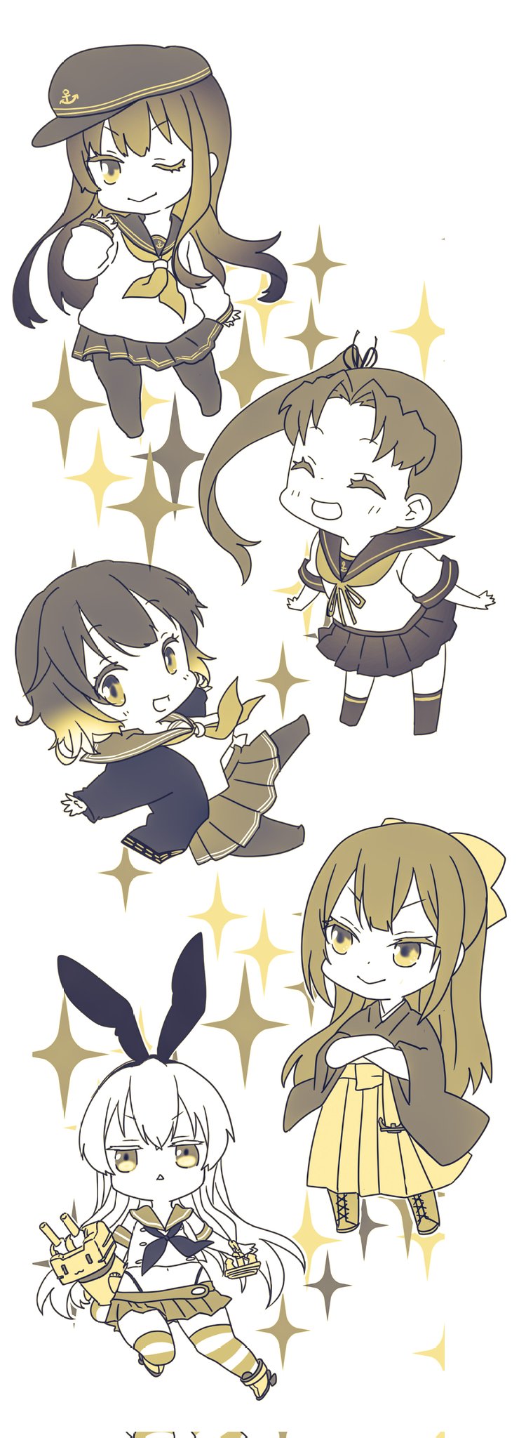 5girls, akatsuki_(kancolle), anchor_hair_ornament, ayanami_(kancolle), bangs, bow, chibi, closed_eyes