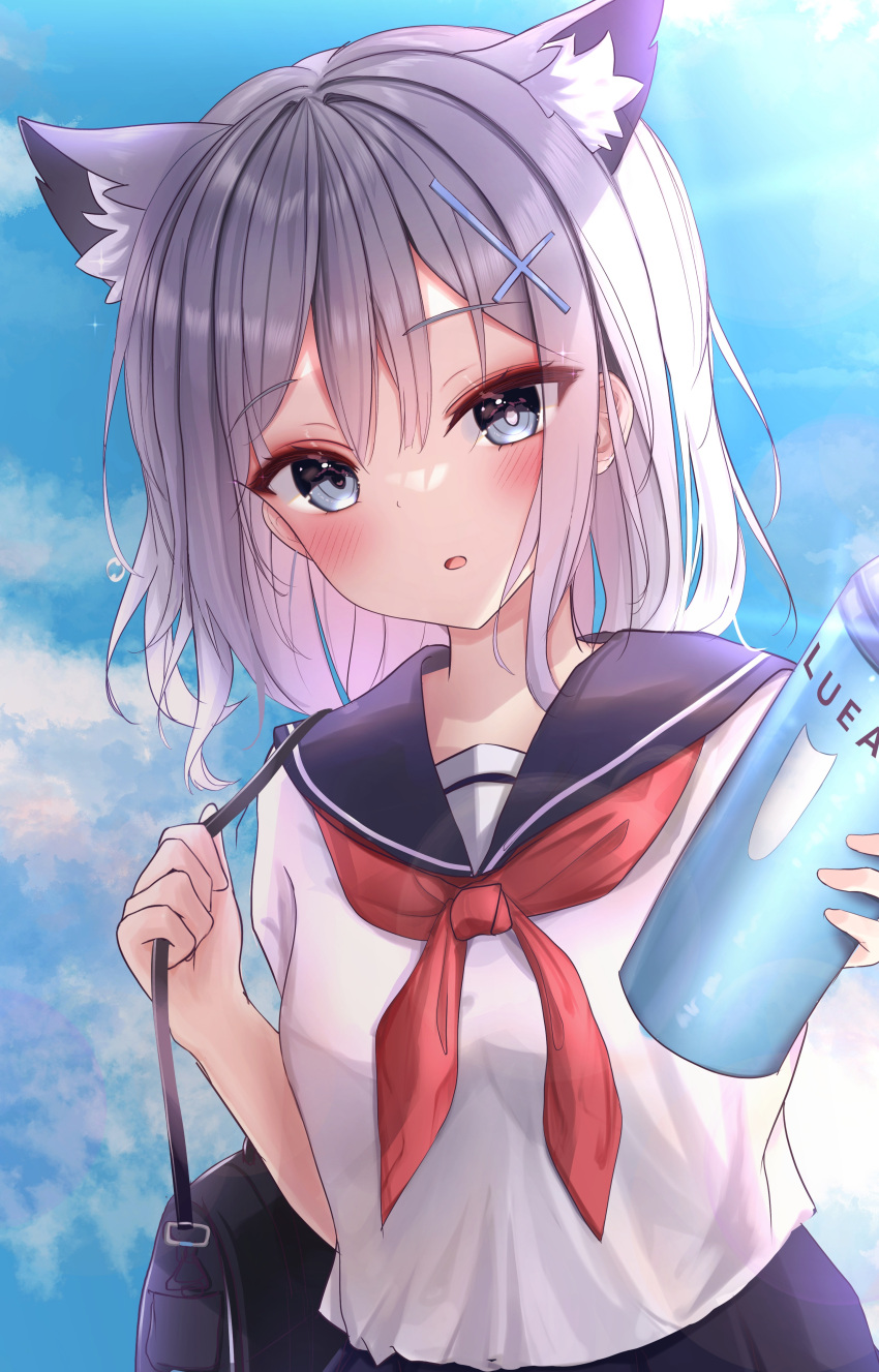 1girl, absurdres, alternate_costume, animal_ear_fluff, animal_ears, bag, blue_archive, blue_eyes