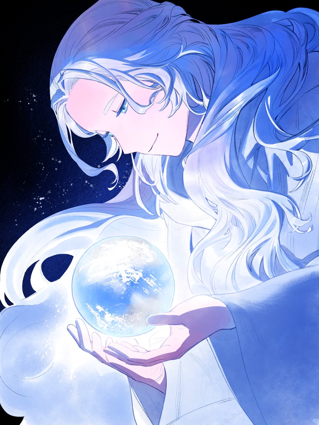 1girl, blue_eyes, final_fantasy, final_fantasy_xiv, floating, floating_object, from_side, giant, giantess, half-closed_eyes, half_updo, hands_up, highres, long_hair, long_sleeves, looking_at_object, looking_down, planet, robe, sky, smile, snsstk1, solo, space, star_(sky), starry_sky, upper_body, venat_(ff14), wavy_hair, white_hair, white_robe, wide_sleeves