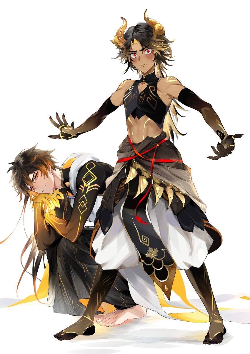 2boys, absurdres, azhdaha_(genshin_impact), bangs, bare_shoulders, barefoot, black_hair, blonde_hair