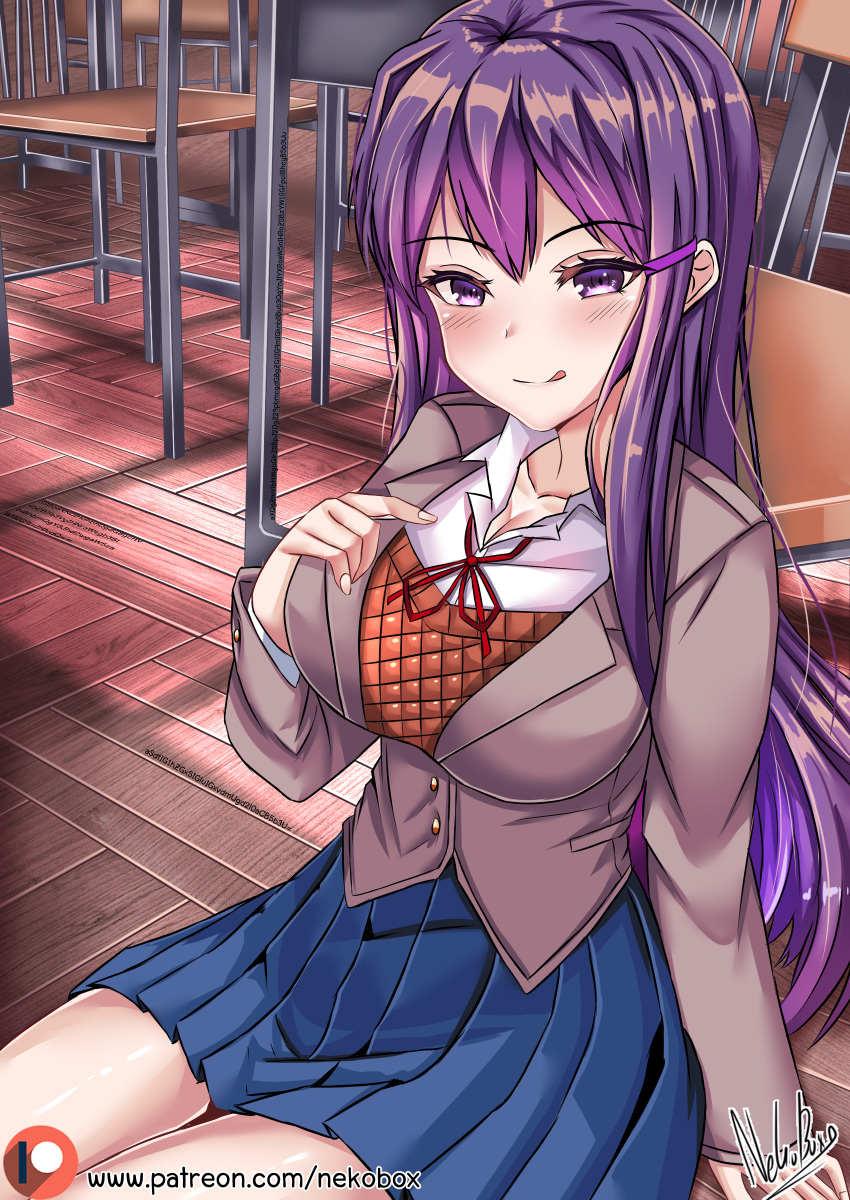 1girl, absurdres, bangs, blazer, blue_skirt, blush, breasts, chair
