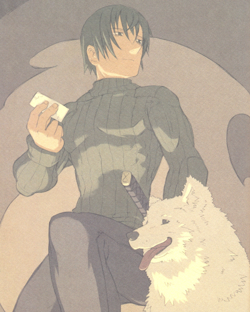 card, dog, highres, kino_no_tabi, kuroboshi_kouhaku, male, riku_(kino_no_tabi), shizu