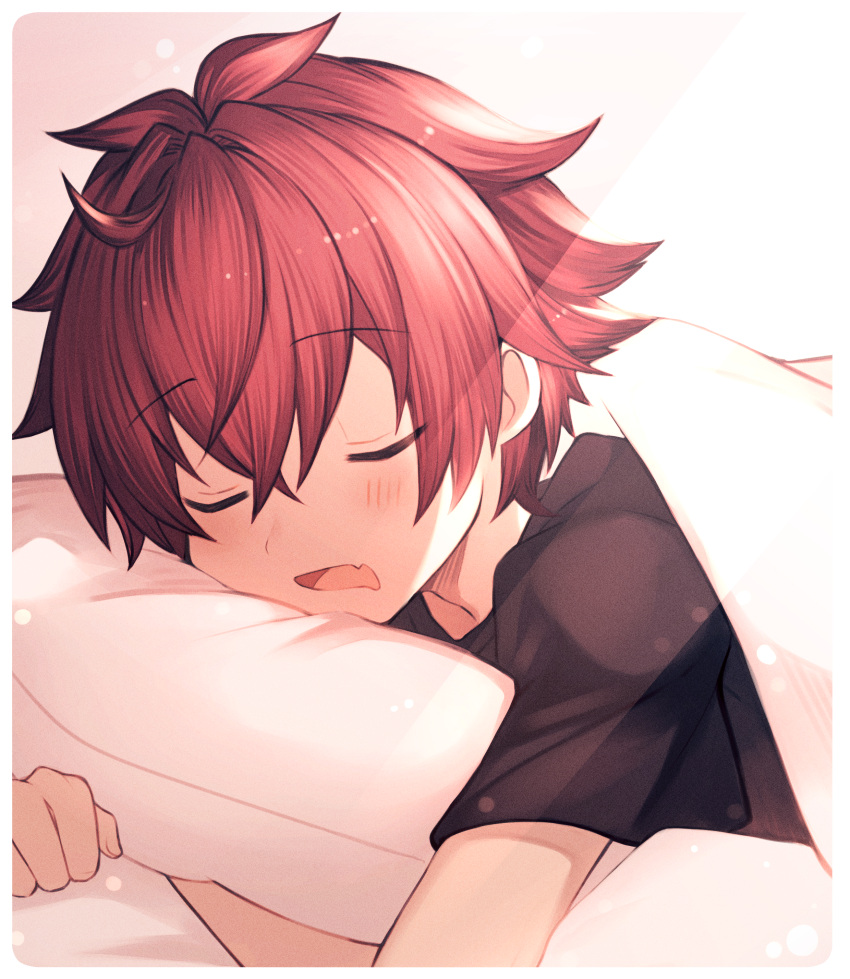 1boy, absurdres, bed, black_shirt, blanket, blush, border, child, closed_eyes, facing_viewer, fang, highres, male_child, male_focus, memo_haco, open_mouth, original, pillow, redhead, shirt, short_hair, short_sleeves, skin_fang, sleeping, snoring, solo, white_border