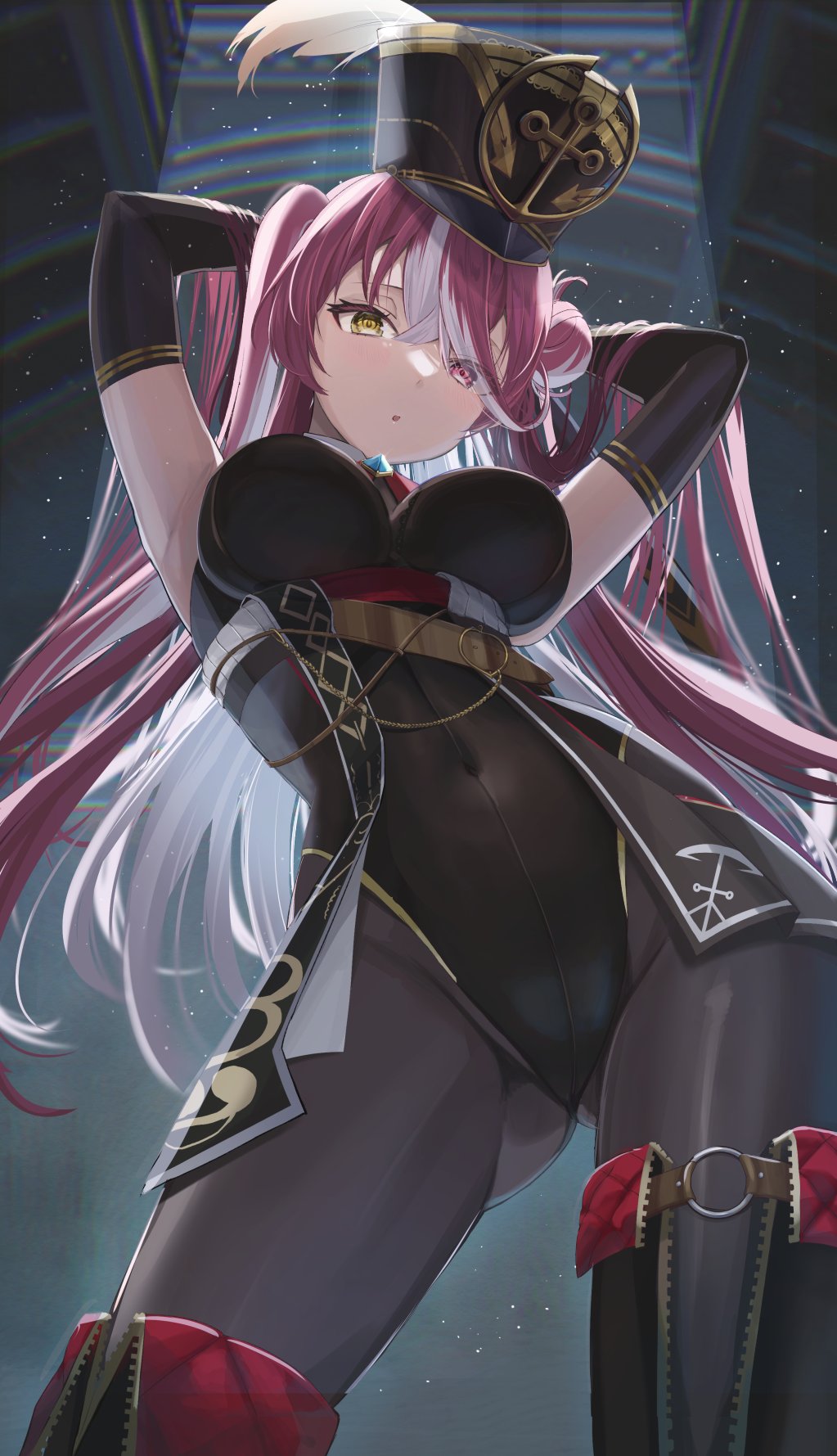 1girl, anchor_symbol, arms_behind_head, arms_up, belt, black_coat, black_headwear, black_leotard