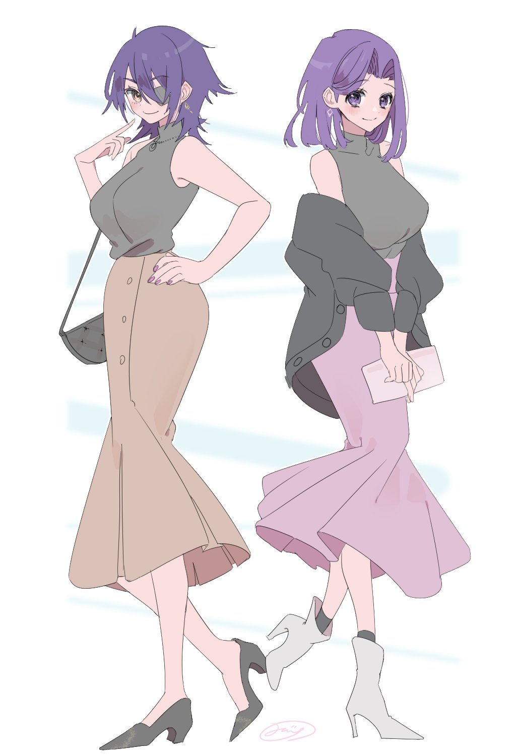 2girls, alternate_costume, bag, black_footwear, black_jacket, breasts, brown_skirt, eyebrows_hidden_by_hair