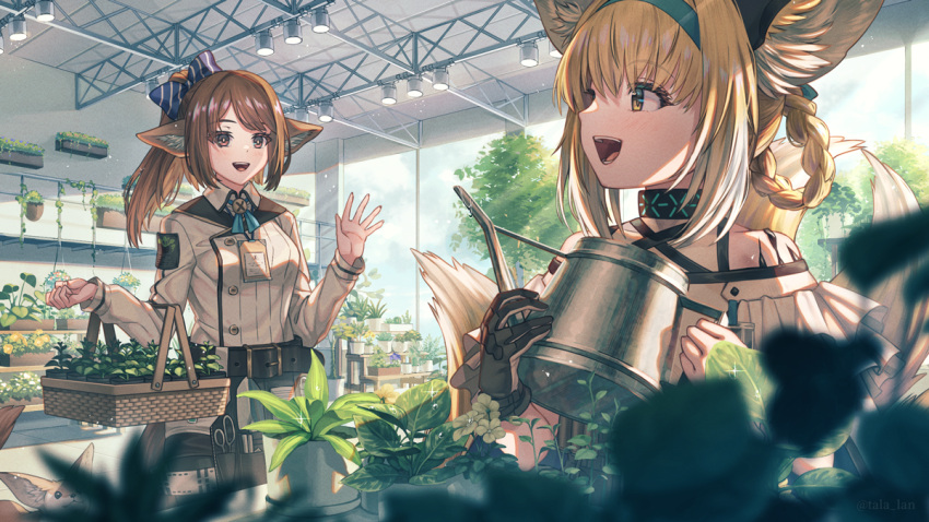 2girls, :d, animal_ear_fluff, animal_ears, arknights, bangs, bare_shoulders, belt