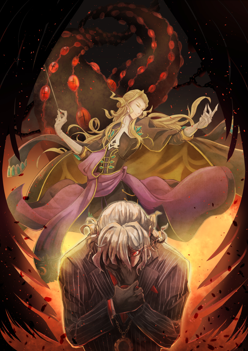 2boys, antonio_salieri_(fate), antonio_salieri_(second_ascension)_(fate), backlighting, baton_(conducting), black_gloves, blonde_hair, cape