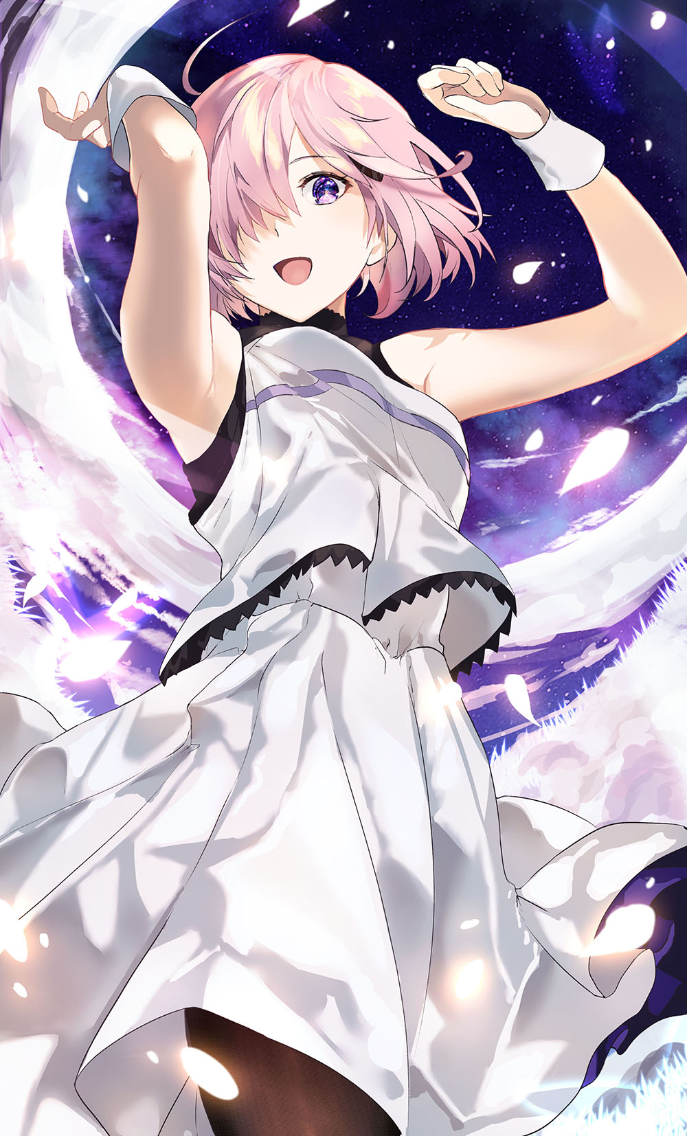 1girl, alternate_costume, armpits, arms_up, bare_shoulders, brown_pantyhose, commentary, dress