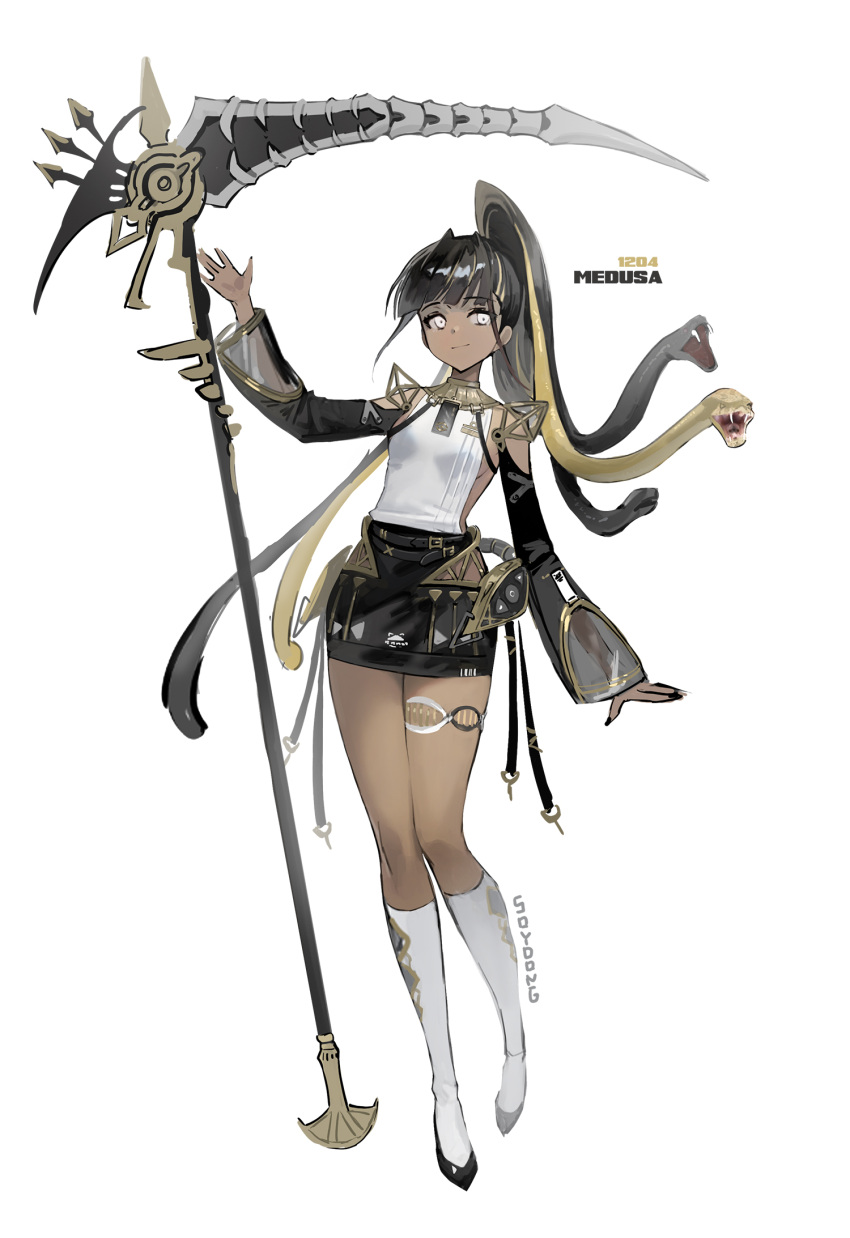 1girl, animal, bare_shoulders, belt, black_footwear, black_hair, black_nails, black_snake