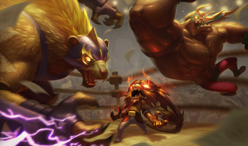 abs, alternate_costume, armband, armpit_hair, armpits, biceps, blonde_hair, bodysuit, braum_(league_of_legends), brown_fur, claws, colored_skin, covered_eyes, dr._mundo, el_leon_gnar, el_macho_mundo, el_rayo_volibear, el_tigre_braum, electricity, fangs, fighting, fighting_stance, furry, furry_male, glowing, glowing_eyes, gnar_(league_of_legends), hairy, jewelry, kaleshire, large_pectorals, league_of_legends, looking_up, luchador, luchador_mask, mask, muscular, muscular_male, official_art, open_mouth, pants, pectorals, red_eyes, ring, sharp_teeth, tank_top, teeth, thick_arms, thunder, tight, tongue, tongue_out, topless_male, volibear, yellow_eyes, yellow_fur, yellow_skin