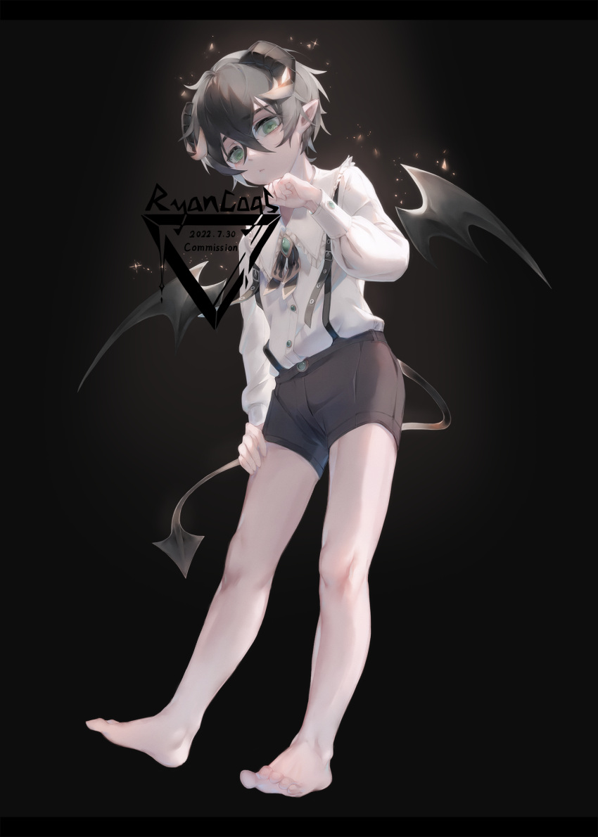 1boy, barefoot, black_hair, black_shorts, commission, demon_boy, demon_horns, demon_tail, demon_wings, full_body, green_eyes, highres, horns, male_focus, original, pointy_ears, ryancogs, shirt, short_hair, shorts, solo, suspender_shorts, suspenders, tail, white_shirt, wings