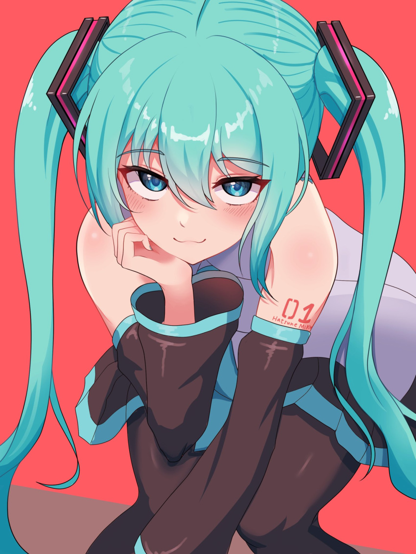 1girl, :3, bare_shoulders, black_thighhighs, blue_eyes, blue_hair, blush, detached_sleeves, hatsune_miku, highres, kumada_gaon, long_hair, looking_at_viewer, pleated_skirt, skirt, solo, thigh-highs, vocaloid