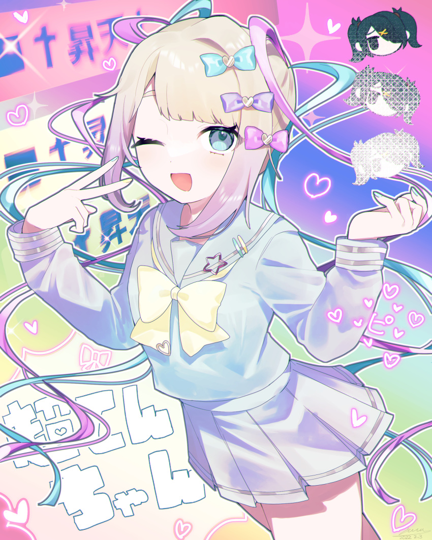2girls, absurdres, ame-chan_(needy_girl_overdose), bangs, blue_eyes, blue_hair, bow, chouzetsusaikawa_tenshi-chan, hair_bow, hair_ornament, heart, highres, holographic_clothing, long_hair, long_sleeves, looking_at_viewer, multicolored_hair, multiple_girls, needy_girl_overdose, one_eye_closed, open_mouth, pink_hair, quad_tails, sailor_collar, sakusaku-1204, school_uniform, serafuku, shirt, skirt, smile, twintails