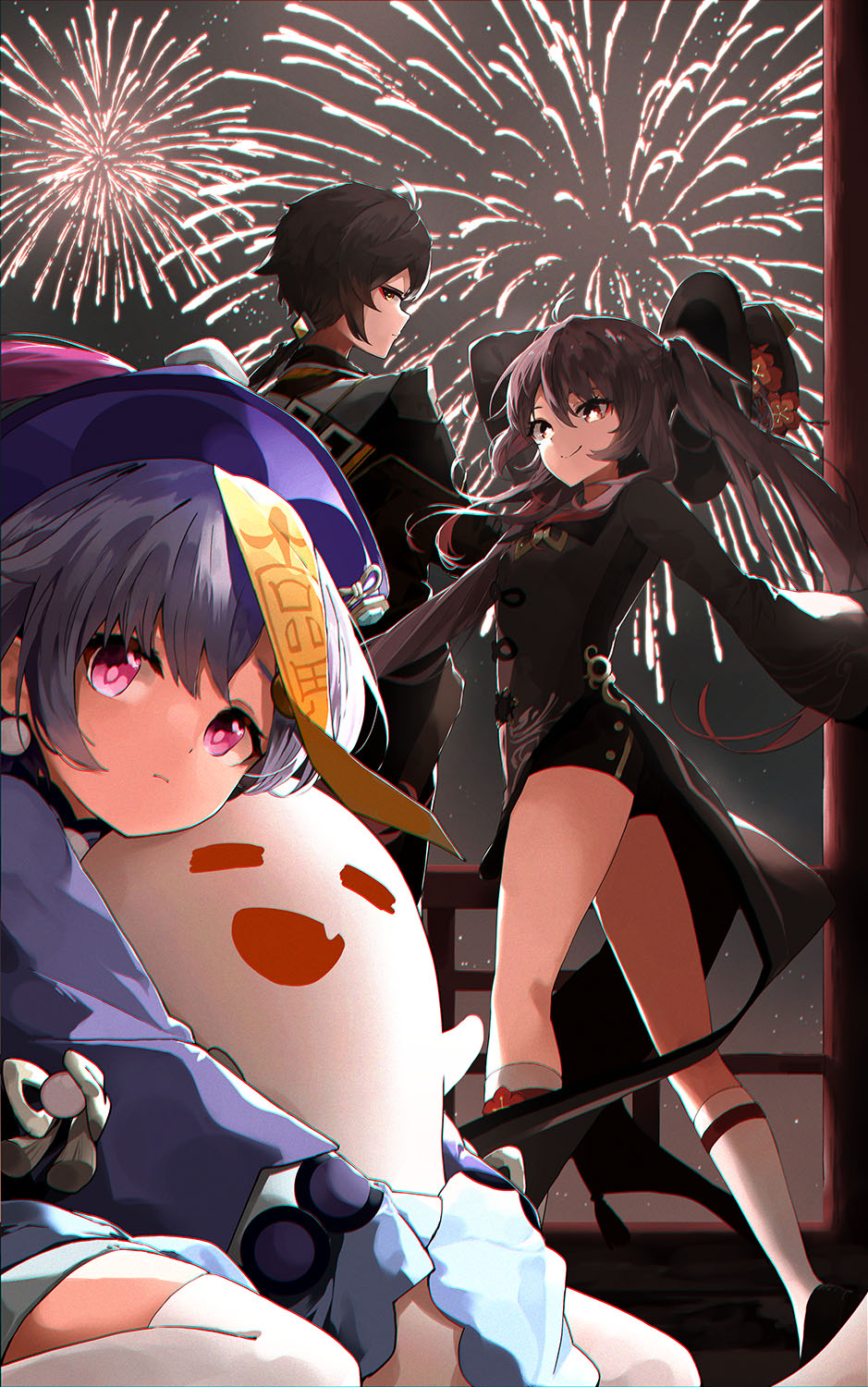1boy, 2girls, bangs, bead_necklace, beads, black_hair, black_headwear, black_shorts