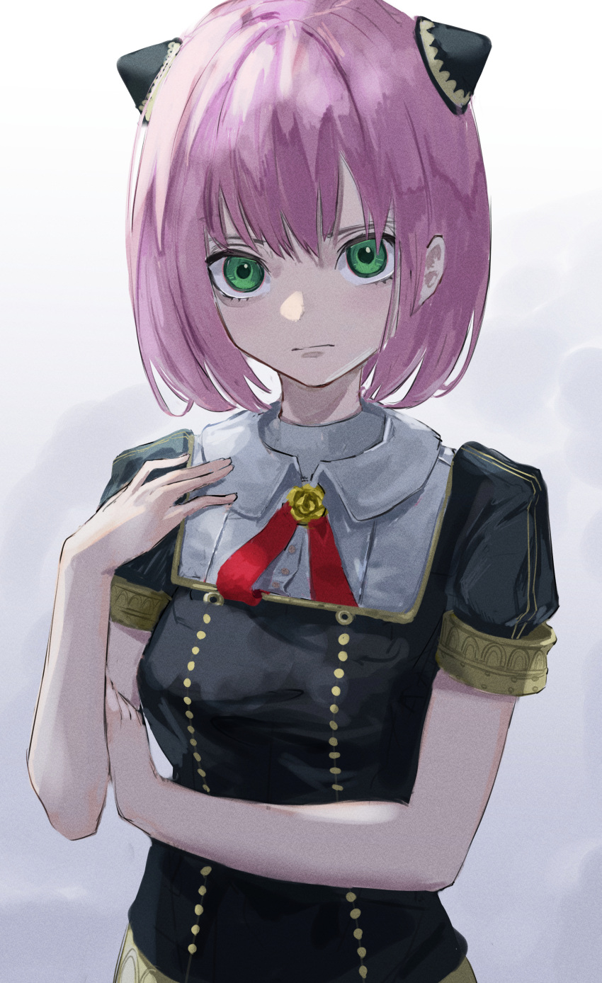 1girl, absurdres, anya_(spy_x_family), bangs, black_shirt, bun_cover, closed_mouth, collared_shirt
